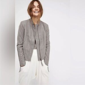 Free People Grey Moto Boho Style Vegan Faux Leather Jacket  2